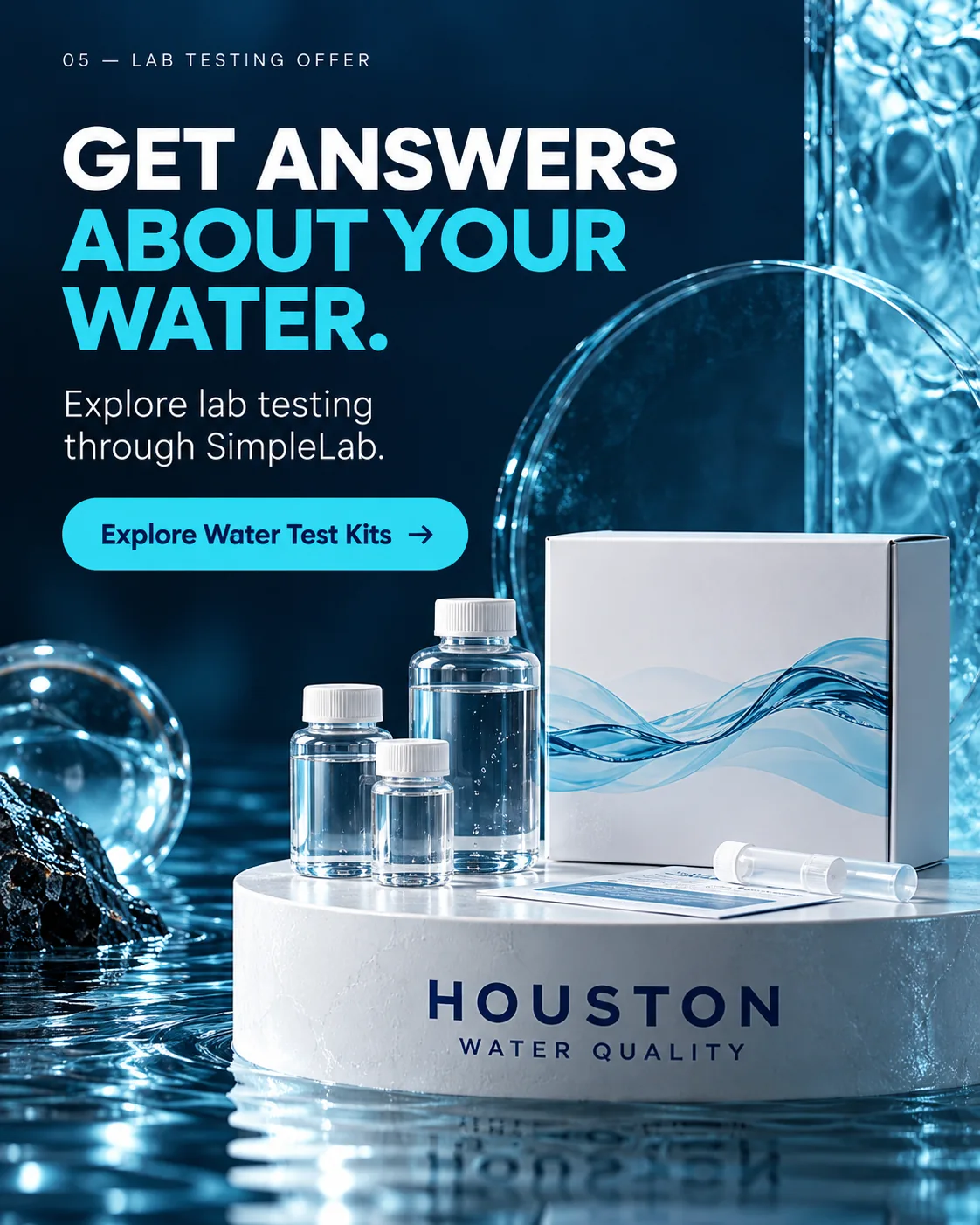 Concept visual of water sample containers and lab testing kit
